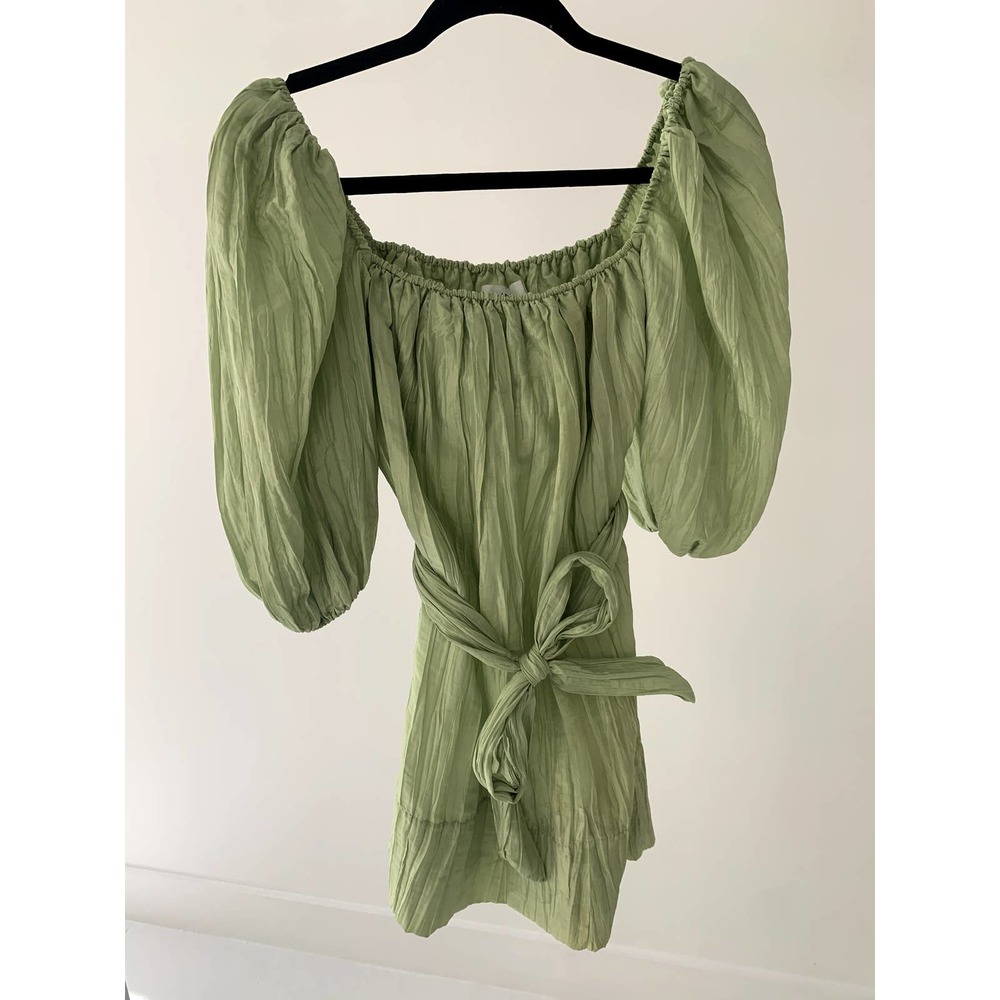 LPA Womens Square Neck Short Puff Sleeve Belted Mini Dress Pistachio Green XS